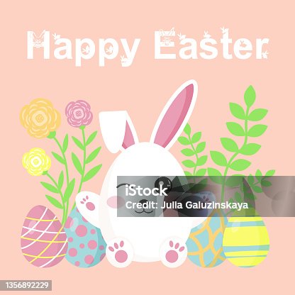 istock Happy Easter banner with bunny, eggs, flowers and twigs. Rabbit in the form of egg is winking. 1356892229