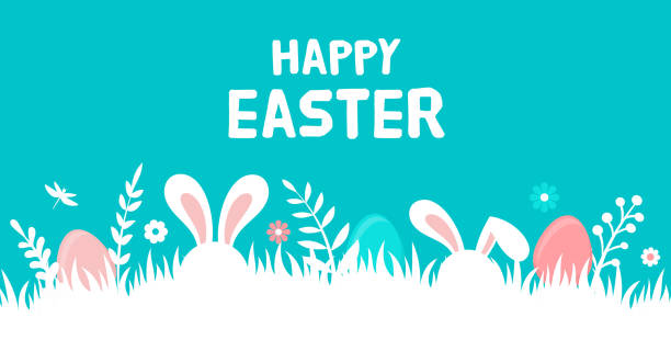 Happy Easter banner with bunny, flowers and eggs. Egg hunt poster. Spring background, vector illustration in modern style Happy Easter banner with bunny, flowers and eggs. Egg hunt poster. Spring background, vector illustration in modern style easter stock illustrations