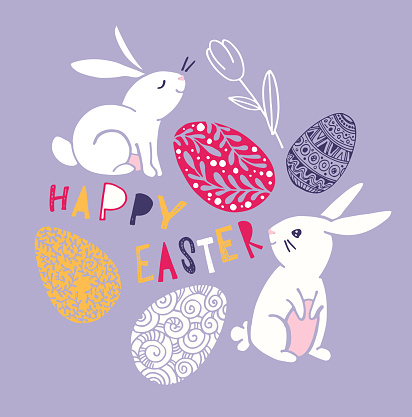 Happy Easter - big hand drawn doodle set. Easter background. Template design elements for invitation, poster, pattern, fabric, textile. Easter art.