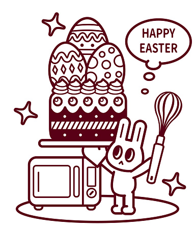 Happy Easter Bunny chef holding an egg beater and using an oven mitt carrying an Easter cake with Easter Eggs on it, an oven behind