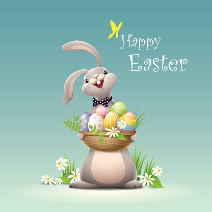 Happy Easter - bunny holding basket full of eggs