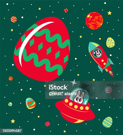istock Happy Easter Bunny on the spaceship (rocket) and UFO in the outer space doing the exploration and collecting Easter Eggs 1303094587