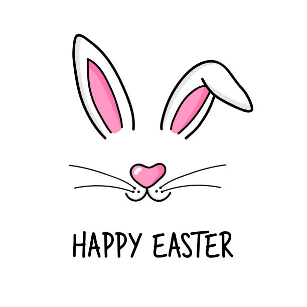 Happy Easter bunny Cute easter bunny vector illustration, hand drawn face of bunny. Greeting card with Happy Easter writing. Ears and tiny muzzle with whiskers. Isolated on white background. rabbit stock illustrations