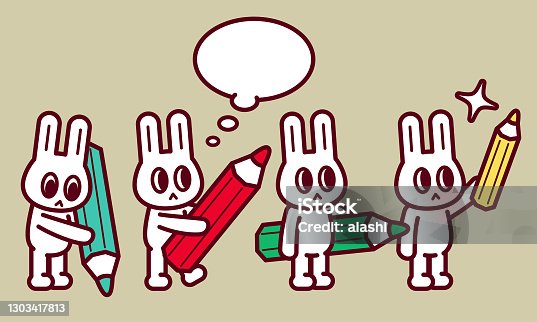 istock Happy Easter Bunny writing with a big colored pencil 1303417813