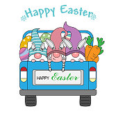 Happy easter card. Gnomes transporting easter eggs by car