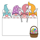 Happy easter card. Gnomes with blank sign and basket with easter eggs
