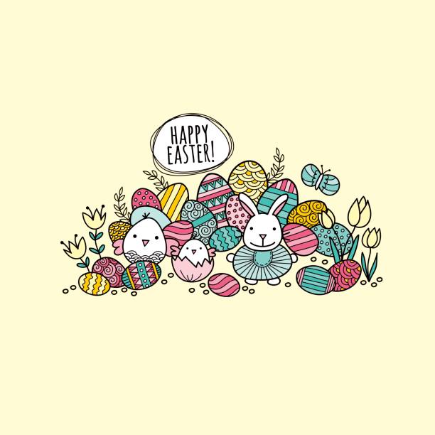 Happy Easter Colorful Eggs Hand Drawn Doodle Vector vector art illustration