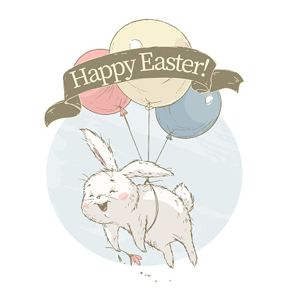 Happy Easter congratulation concept with cute little white bunny character flying on balloons isolated.
