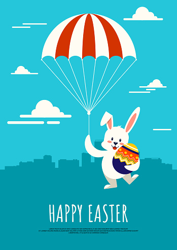 Happy Easter day background decorative with rabbit holding parachute