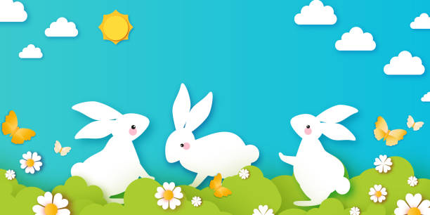 Happy Easter Day design greetings card with Cute white rabbits in paper cut style. Bunny with flowers and butterfly. Spring holidays in modern style. Easter Egg Hunt with egg hunt. Spring scene. Happy Easter Day design greetings card with Cute white rabbits in paper cut style. Bunny with flowers and butterfly. Spring holidays in modern style. Easter Egg Hunt with egg hunt. Spring scene. Vector easter sunday stock illustrations