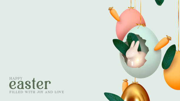 Happy Easter day. Festive background design with realistic colorful eggs, easter bunny, rabbit in an egg hanging on ribbon. Creative holiday composition. Banner and poster. Brochure and flyer Happy Easter day. Festive background design with realistic colorful eggs, easter bunny, rabbit in an egg hanging on ribbon. Creative holiday composition. Banner and poster. Brochure and flyer easter stock illustrations