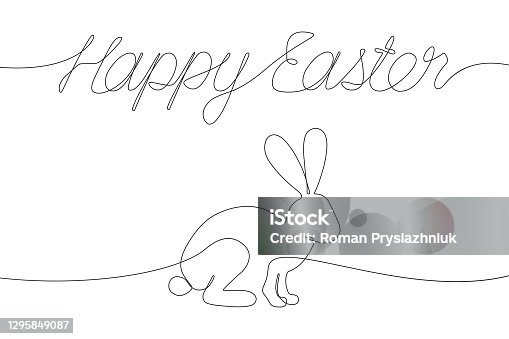 istock Happy Easter decorations with one line inscription and rabbit. 1295849087