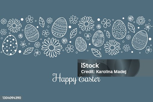 istock Happy Easter. Design of simple card with eggs and flowers. Vector 1304094390