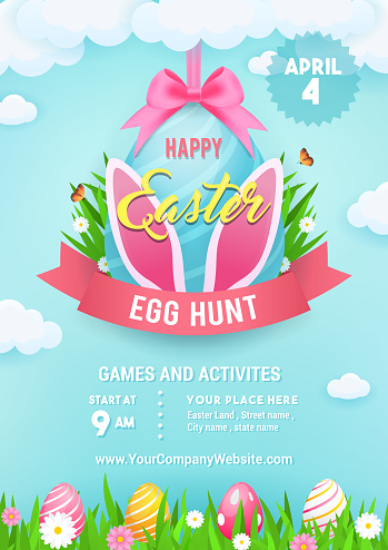 Happy Easter egg hunt poster design vector illustration. Easter egg hanging on the clouds with spring meadow. flyer invitation