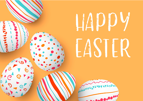 Happy Easter eggs frame with text. Colorful easter eggs on golden background. hand font. Scandinavian ornaments. simple orange, red, blue stripes, patterns