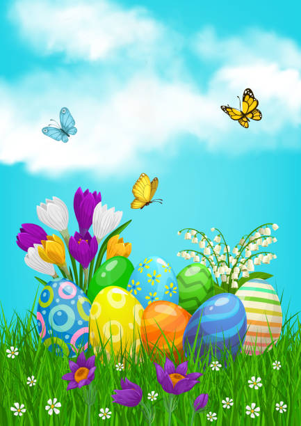 bildbanksillustrationer, clip art samt tecknat material och ikoner med glada påskägg jagar på fältet med blommor. - easter egg