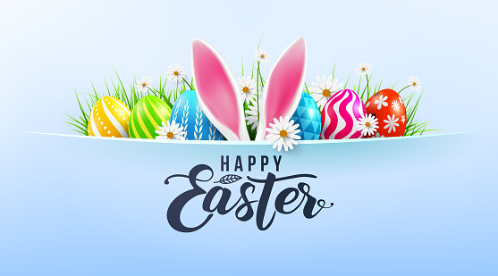 Happy Easter greeting card poster and template with Easter Eggs and flower on blue.Greetings and presents for Easter Day.Promotion and shopping template for Easter Day.Vector illustration EPS10