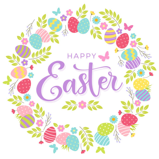 Happy Easter greeting card with colorful eggs and floral wreath.