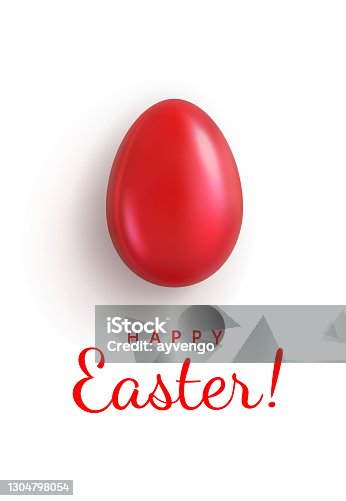 istock Happy Easter. Greeting Card with Glossy Red Easter Egg closeup and Greeting Text. Isolation on a white background. Top view 1304798054
