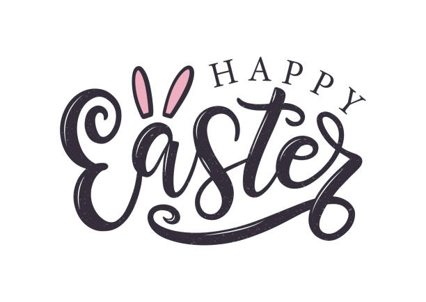 Happy Easter hand-sketched typography logo isolated on white. Cute easter lettering with bunny ears. Happy Easter lettering sign as poster, greeting card, banner, label, badge. easter stock illustrations