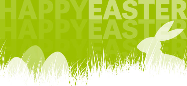 bildbanksillustrationer, clip art samt tecknat material och ikoner med glad påsk helgen bakgrund banner med silhuett av påsk haren och ägg bakom gräset - easter egg