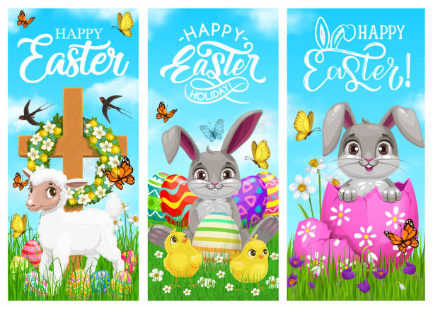 bildbanksillustrationer, clip art samt tecknat material och ikoner med glad påsksemester, kaniner, kycklingar och får - easter egg