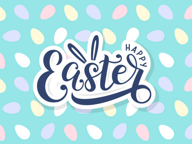 Happy easter lettering logo on seamless easter eggs background. Template for easter cards, postcards, invitations, badges, stickers, prints. Vector eps 10 easter stock illustrations
