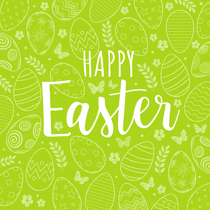 Happy Easter on green background with pattern of easter eggs, flowers and butterfly