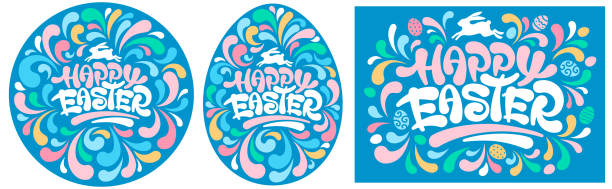 Happy Easter Ornate Designs Set With Calligraphy Lettering  easter sunday stock illustrations