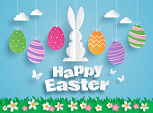 istock Happy Easter paper art with Easter eggs and rabbit, greeting card. Paper cut style. Vector illustration 1306434860