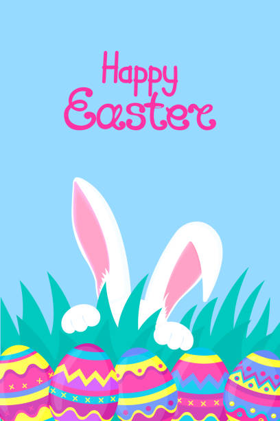 Happy Easter. Paschal eggs. White rabbit with paws and pink ears hiding in the grass.  easter sunday stock illustrations