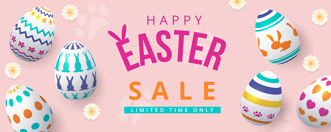 Happy Easter Sale Banner with Colourful Painted Eggs. Vector