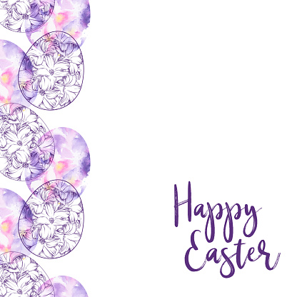 Happy Easter Seamless Pattern with Floral Easter Eggs inInk and Watercolor, Vector EPS10 Illustration