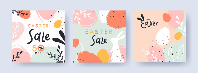 Happy Easter Set of backgrounds, greeting cards, sale posters, holiday covers. Trendy design with typography, hand painted plants, dots, eggs and bunny, in pastel colors.