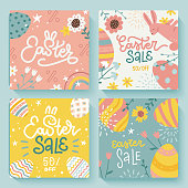 Happy Easter Set of banners, holiday social media covers. Trendy cute design with lettering, spring flowers, stars, eggs and bunny in pastel colors. Modern minimalist vector design for cards, posters.