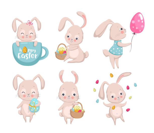 Happy Easter. Set of cute bunnies. Elements for greeting, invitation card. Vector illustration EPS10 Happy Easter. Set of cute bunnies. Elements for greeting, invitation card. Vector illustration easter sunday stock illustrations