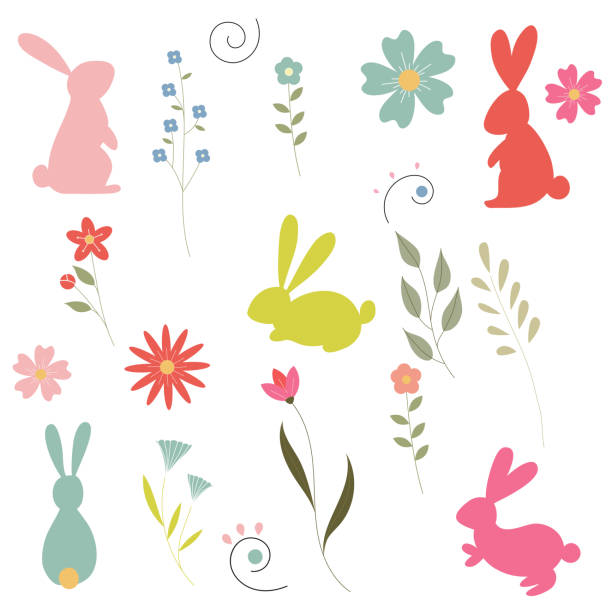 Happy easter set  with easter bunny and flowers. Vector. Colourful flowers and  easter rabbit for decorations for Easter easter sunday stock illustrations