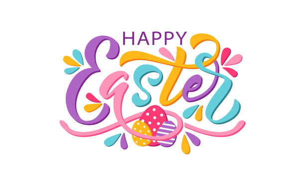 Happy Easter text. Vector illustration isolated on white background. Hand drawn text for Easter card. Happy Easter text. Vector illustration isolated on white background. Hand drawn text for Easter greeting card. Hand drawn Typography design for Resurrection Sunday day print banner poster easter stock illustrations
