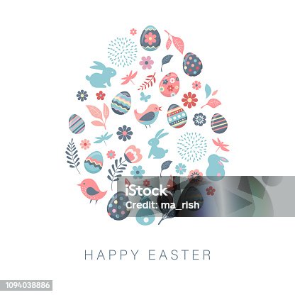 istock Happy Easter, vector banner with flowers, eggs and bunnies 1094038886