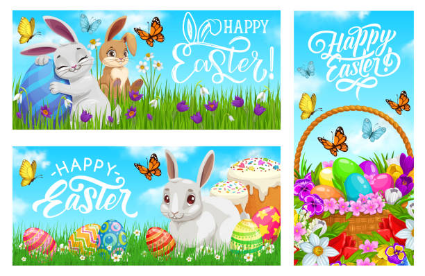 bildbanksillustrationer, clip art samt tecknat material och ikoner med glad påsk vektor banners med tecknade kaniner - easter egg