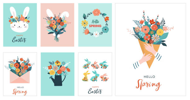 Happy Easter vector illustration, greeting card, poster Happy Easter vector illustration, greeting card, poster template flower clipart stock illustrations