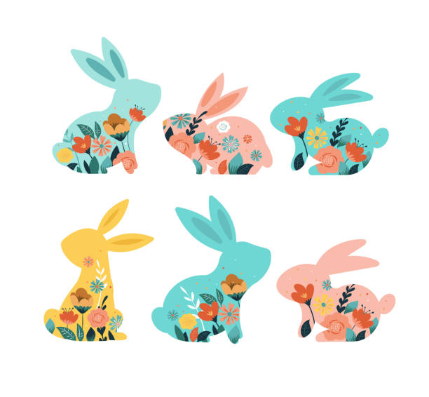 fröhliche ostervektor-illustrationen von hasen, kaninchen-symbole, mit blumen geschmückt - kaninchen stock-grafiken, -clipart, -cartoons und -symbole