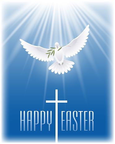 Happy Easter. White flying dove with olive branch and cross.