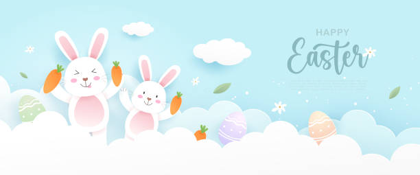 Happy Easter with cute bunny or rabbit, easter eggs, carrot and festive elements on the blue sky in paper cut style. Vector illustration Happy Easter with cute bunny or rabbit, easter eggs, carrot and festive elements on the blue sky in paper cut style. Vector illustration. easter sunday stock illustrations