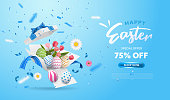 Happy Easter with surprise white gift box with colorful eggs, tulip flowers and blue ribbon. Open gift box isolated. Party, Shopping poster. Easter Sunday design banner.