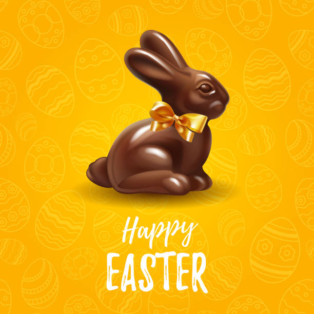 Happy Easter yellow background template with delicious chocolate Easter bunny or rabbit in seamless holiday background. Happy Easter big hunt or sale banner lettering with Colorful Eggs. Vector Happy Easter yellow background template with delicious chocolate Easter bunny or rabbit in seamless holiday background. Happy Easter big hunt or sale banner lettering with Colorful Eggs. Vector easter stock illustrations