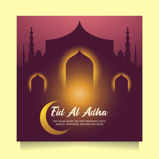 Happy Eid al adha greeting social media post with gold and deep purple color. Square Vector illustration islamic background with beautiful and unique mosque design Happy Eid al adha social media post greeting. Square Vector illustration islamic background with beautiful and unique mosque design. Modern, minimalism and trendy concept. Editable Instagram concept. eid al adha stock illustrations