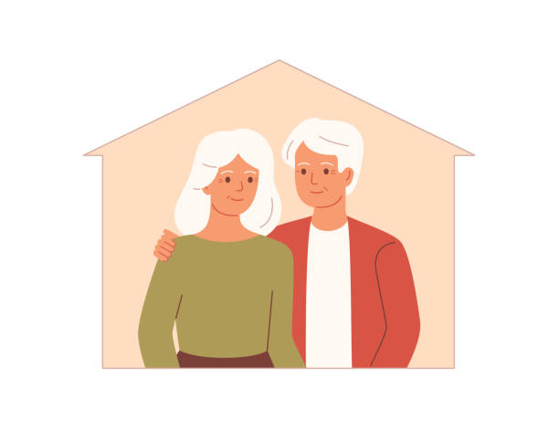 Happy elderly people embrace each other in their own house. Happy elderly people embrace each other in their own house. Mature adult woman and man stay at home in quarantine.Preventive measures to prevent the spread of coronavirus. Vector illustration safe move stock illustrations