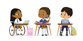 Happy elementary pupils at lesson diversity inclusion education class talking together vector flat illustration. Cute girl in wheelchair wearing school uniform greeting multiracial classmates isolated