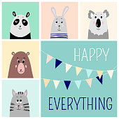 Happy everything card with cute animals heads and garland, vector illustrations for nursery design, poster, birthday cards, baby shower invitation. Panda, rabbit, koala, bear and cat
